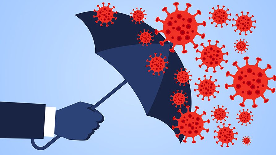 Illustration of forearm holding umbrella that's deflecting oversized virus particles