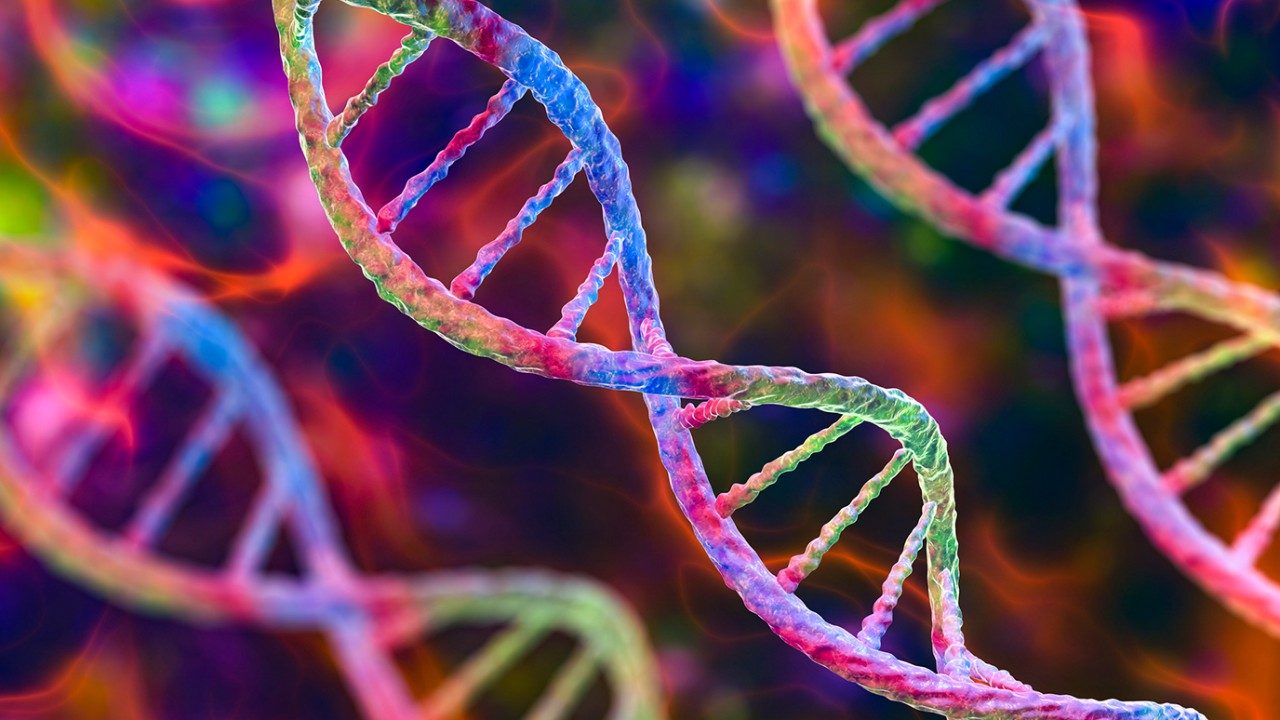 Close-up rendition of DNA helixes in vibrant rainbow colors